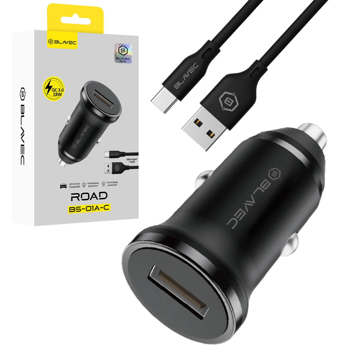 Rychlonabíječka do auta Blavec BS-01A-C Road 18W s kabelem USB-C černá