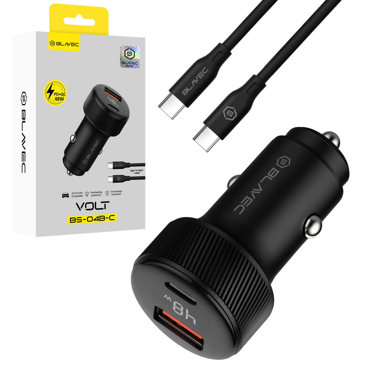 Rychlonabíječka do auta Blavec BS-04B-C Volt 48W s displejem a kabelem USB-C černá