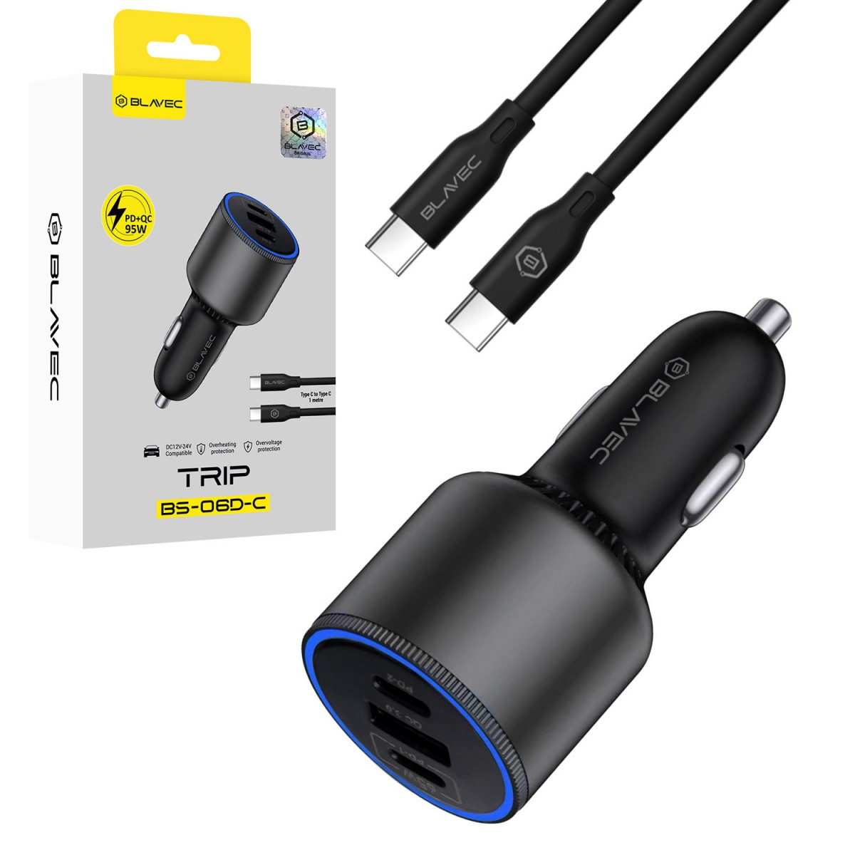 Rychlonabíječka do auta Blavec BS-06D-C Trip 95W s kabelem USB-C černá