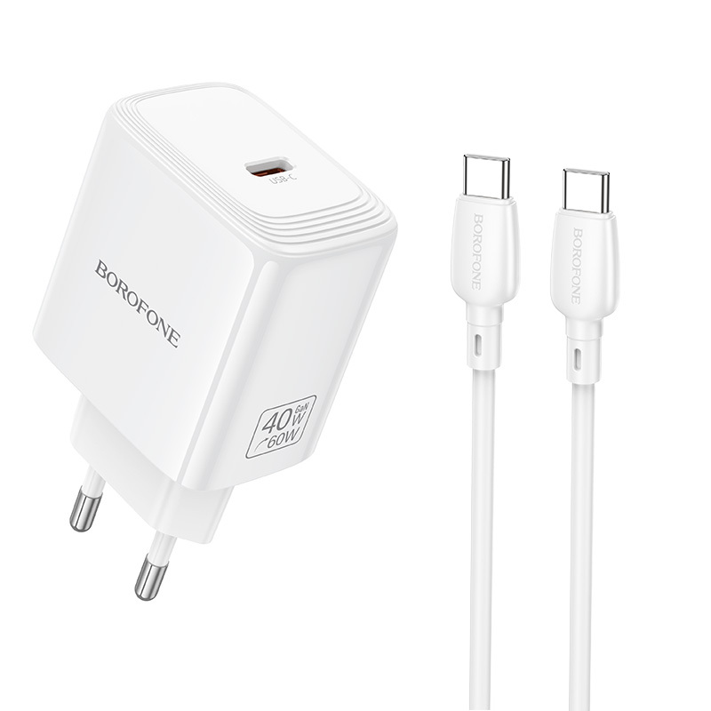 Síťová nabíječka Borofone BN33 Fuente GaN Typ C QC 3.0 PD 40W s kabelem USB-C na USB-C bílá