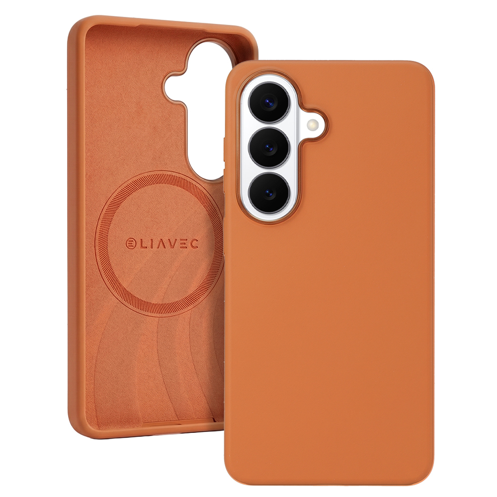 Silikonový kryt Liavec Silky s kovovým rámečkem fotoaparátu pro Samsung Galaxy S26 oranžový