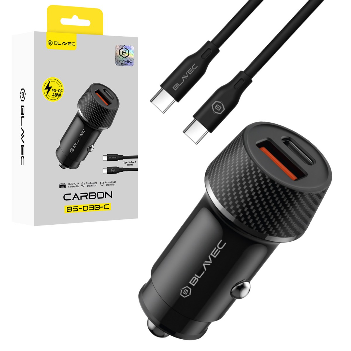 Nabíječka do auta Blavec BS-03B-C Carbon s kabelem USB-C 48W černá