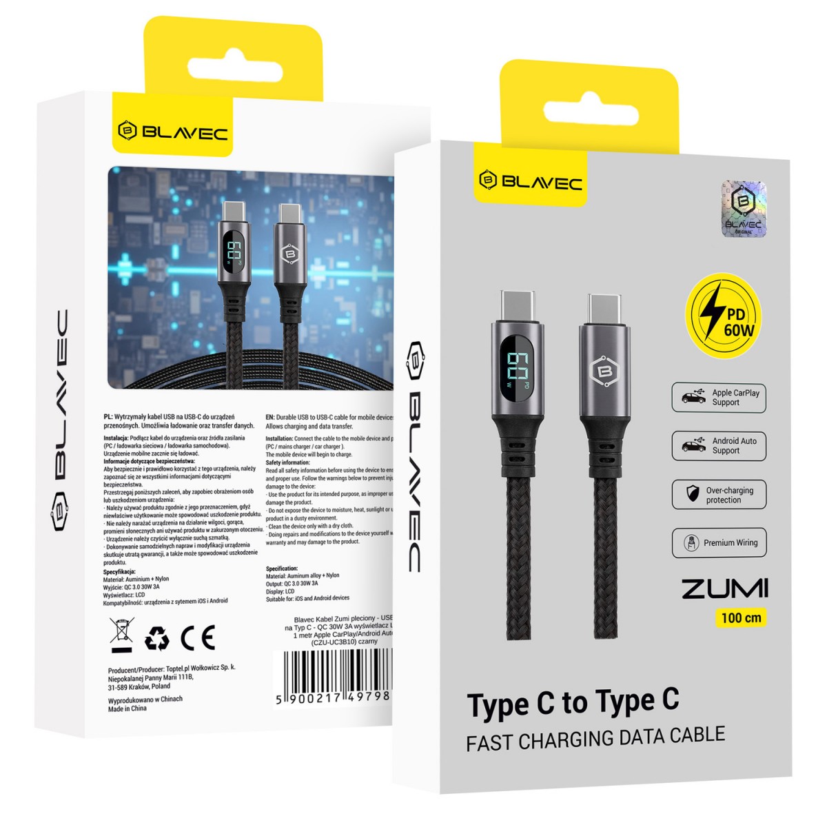 Kabel Blavec Zumi USB-C na USB-C 60W 1m černý