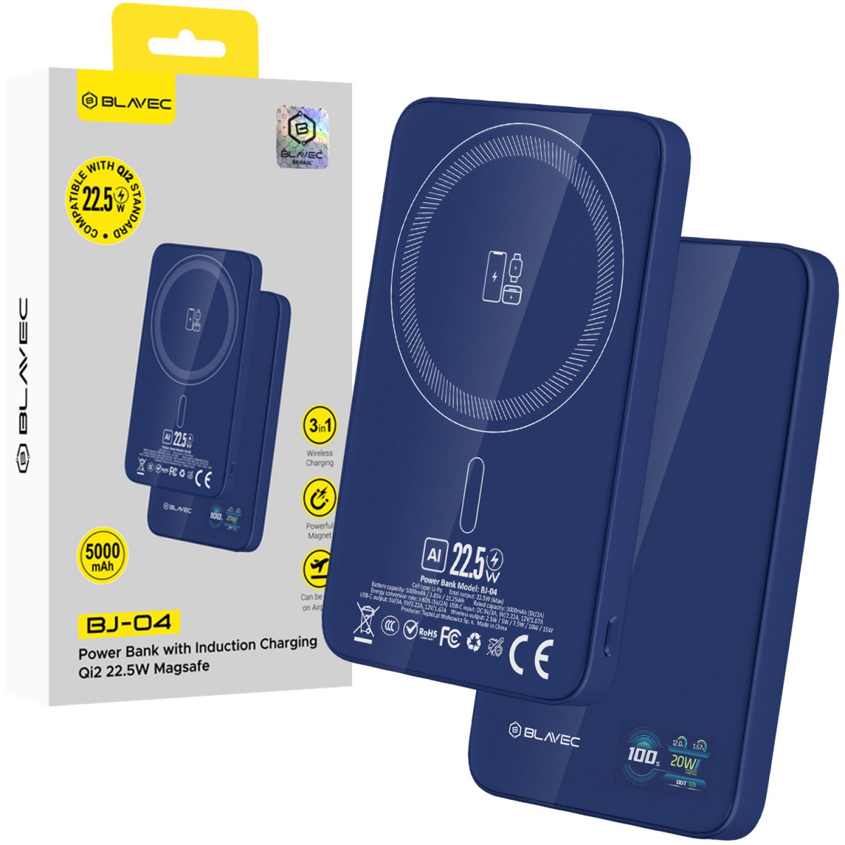 Powerbanka Blavec BJ-04 Ultra Slim 5000mAh tmavě modrá skleněná 22,5W