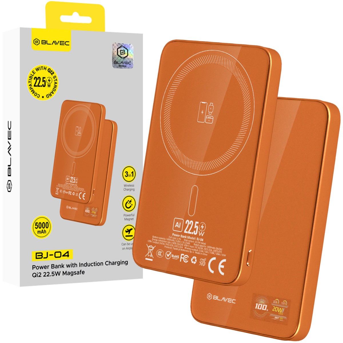 Powerbanka Blavec BJ-04 Ultra Slim 5000mAh oranžová skleněná 22,5W
