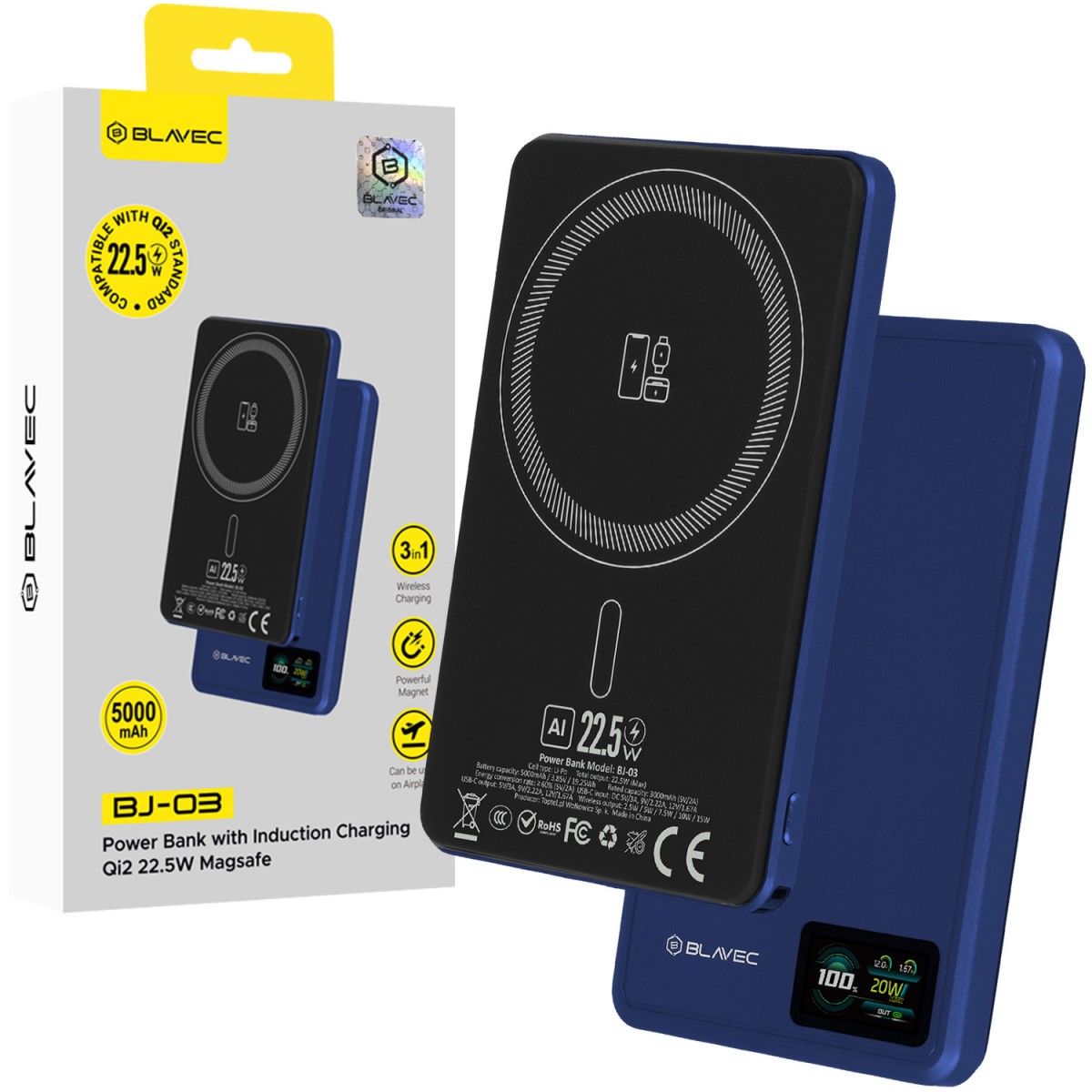 Powerbanka Blavec BJ-03 Ultra Slim 5000mAh tmavě modrá hliníková 22,5W
