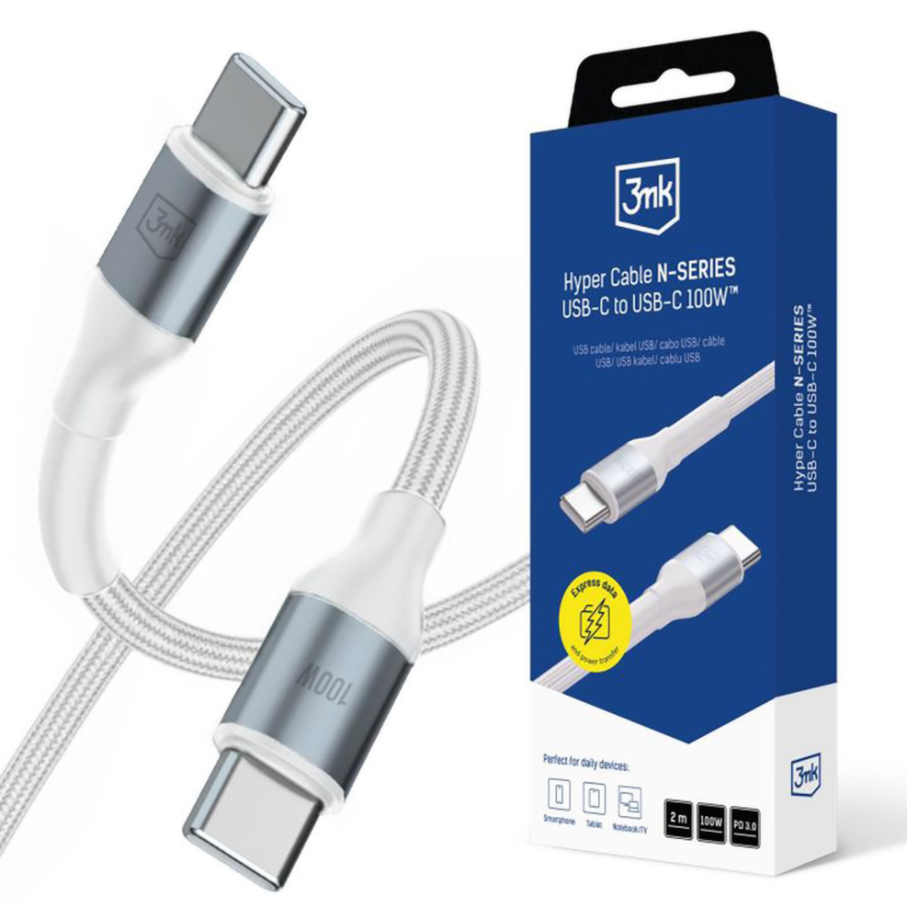 Datový kabel 3mk Hyper N-Series USB-C - USB-C 2m bílý