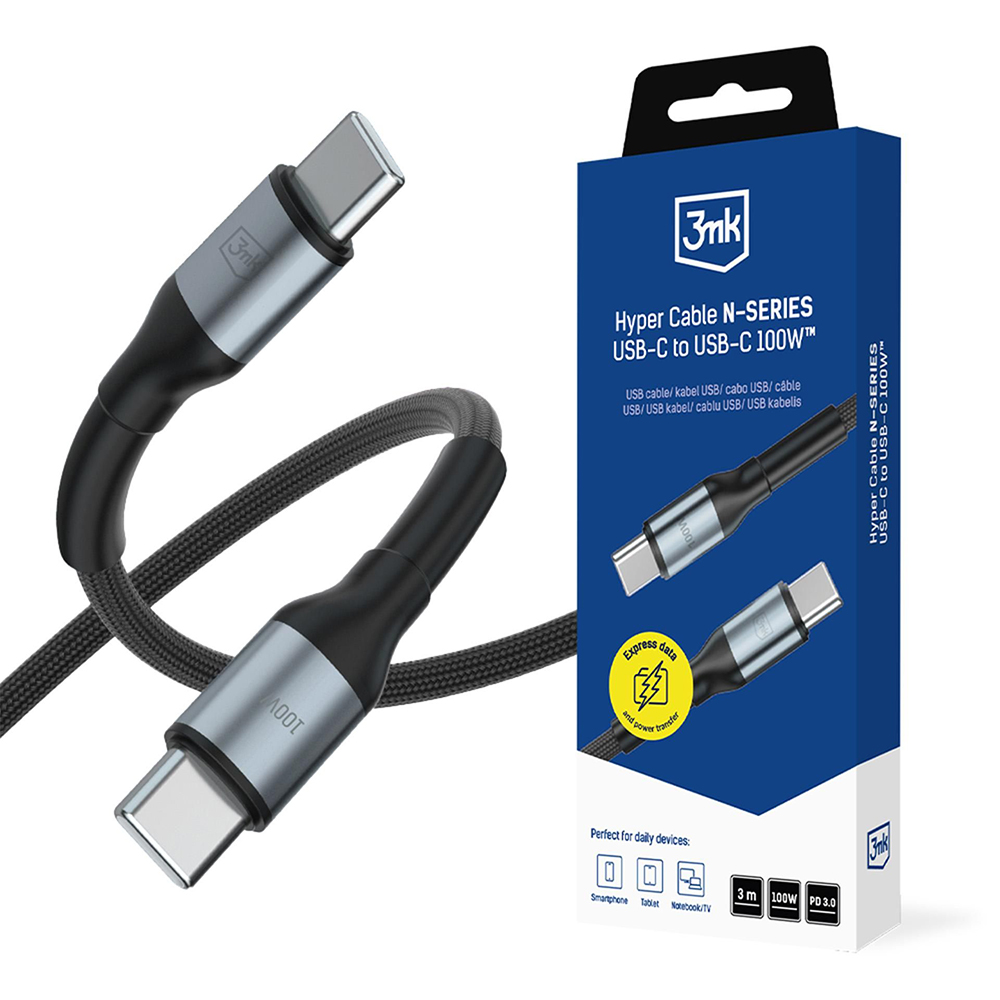 Datový kabel 3mk Hyper N-Series USB-C - USB-C 3m černý