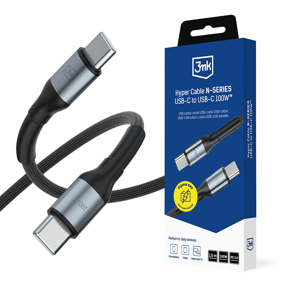 Datový kabel 3mk Hyper N-Series USB-C - USB-C 1,5m černý