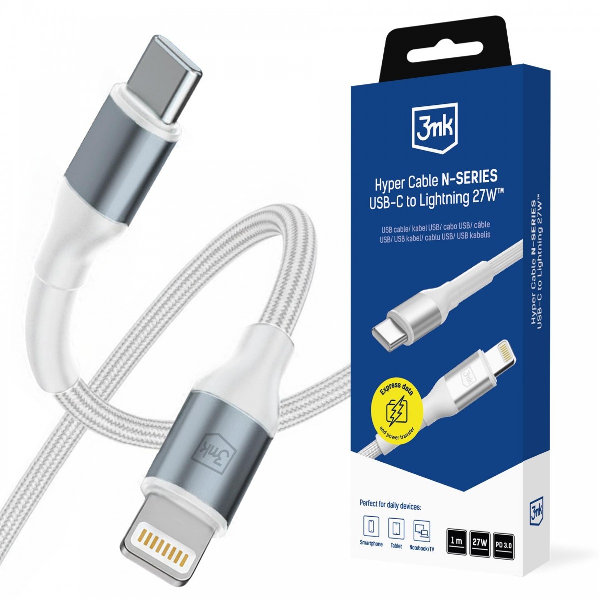 Datový kabel 3mk Hyper N-Series USB-C - Lightning 1m bílý