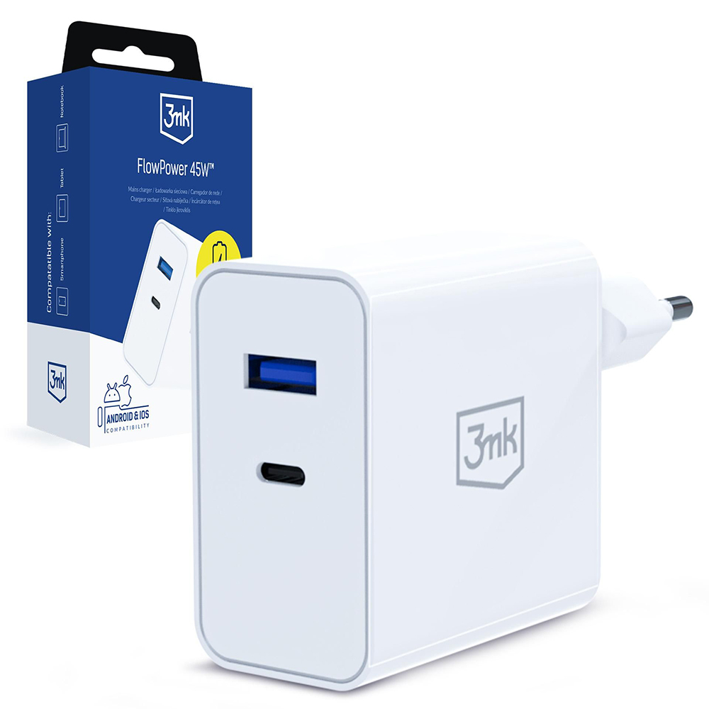 Síťová nabíječka 3mk GaN USB a Type-C 45W PD 3.0 QC4 bílá
