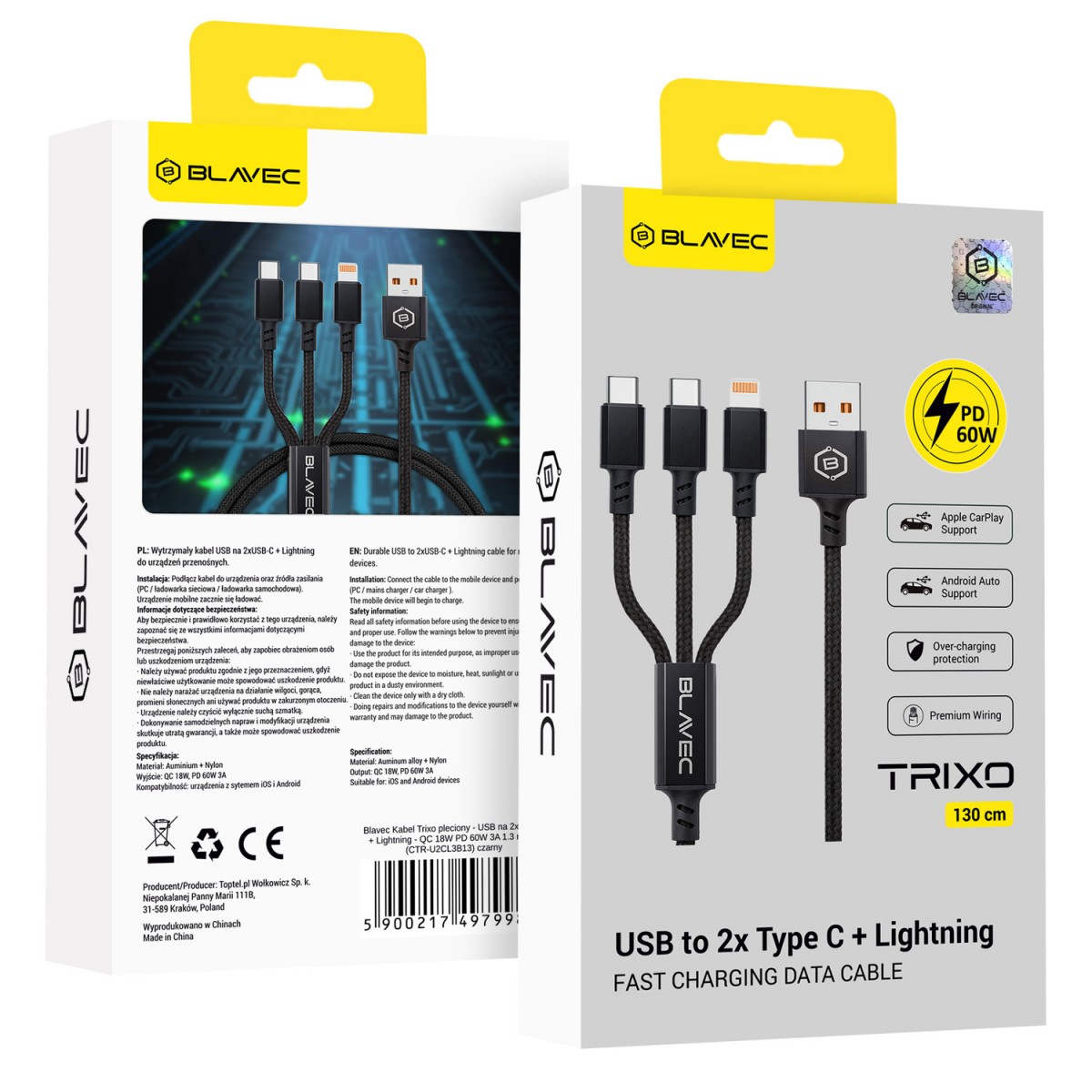 Kabel Blavec Trixo pletený USB na 2x USB-C a Lightning černý