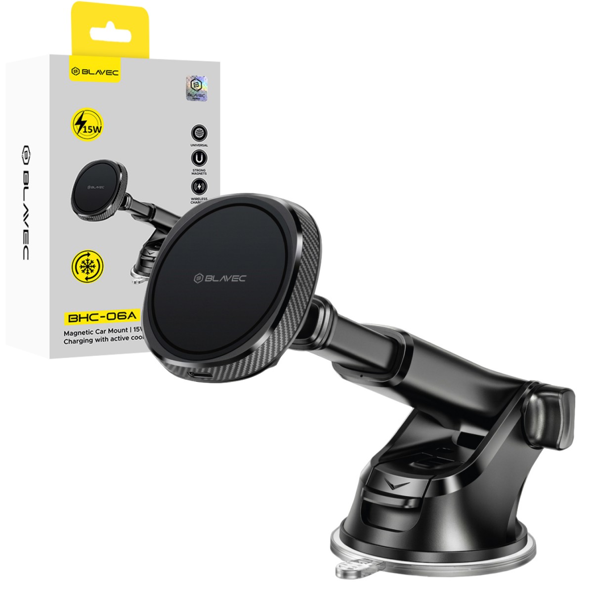 Držák do auta Blavec BHC-06A magnetický s bezdrátovým nabíjením na sklo/desku černý