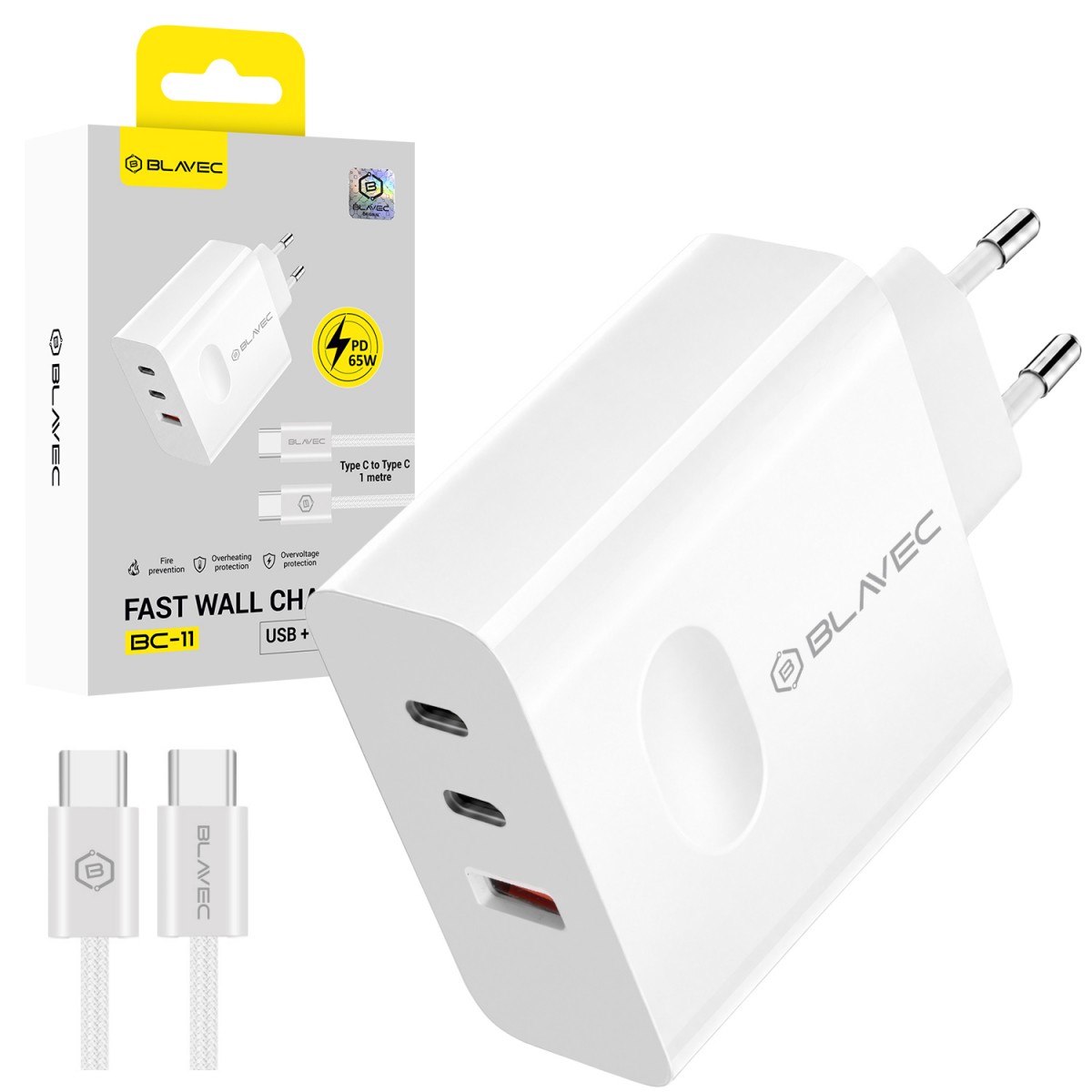 Síťová nabíječka Blavec BC-11 GaN 65W 3A s kabelem USB-C bílá