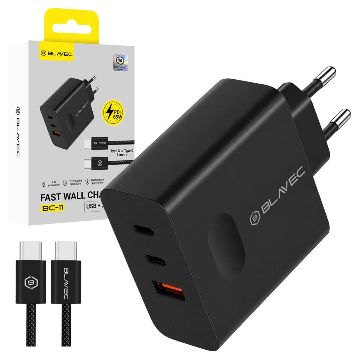 Síťová nabíječka Blavec BC-11 GaN 65W 3A s kabelem USB-C černá