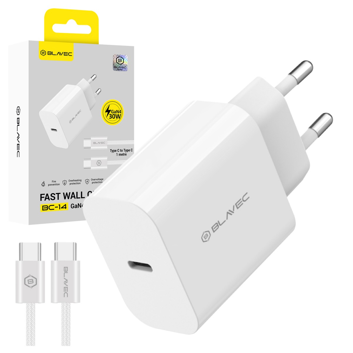 Síťová nabíječka Blavec BC-14 GaN4 USB-C PD QC 30W 3A s kabelem USB-C na USB-C bílá