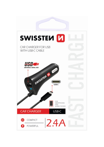 Nabíječka do auta Swissten USB-C (Type C) 2.4A včetně datového kabelu černá