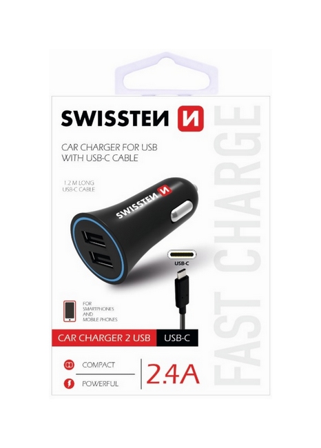 Nabíječka do auta Swissten USB-C (Type C) 2.4A včetně datového kabelu Dual černá