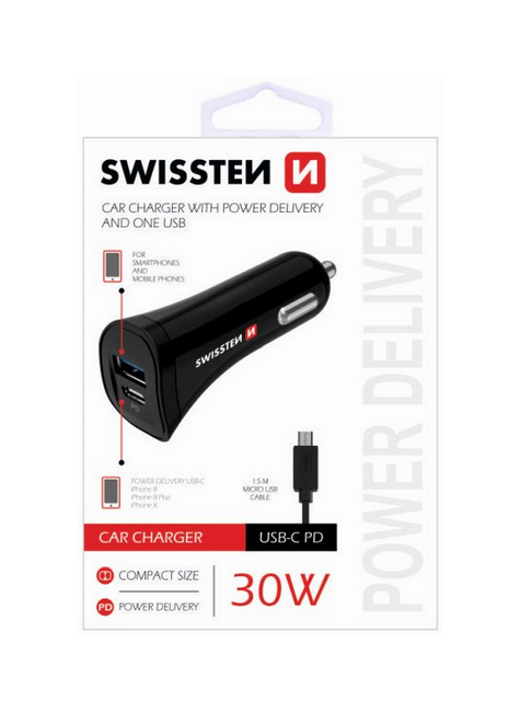Nabíječka do auta Swissten microUSB 30W včetně datového kabelu černá