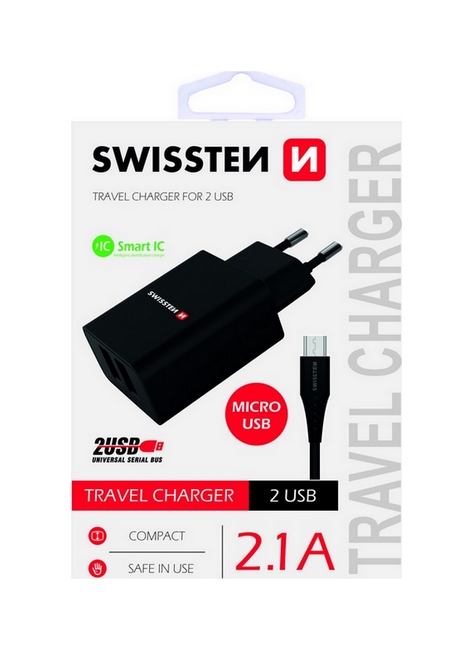 Nabíječka Swissten microUSB Dual Smart IC 2.1A černá