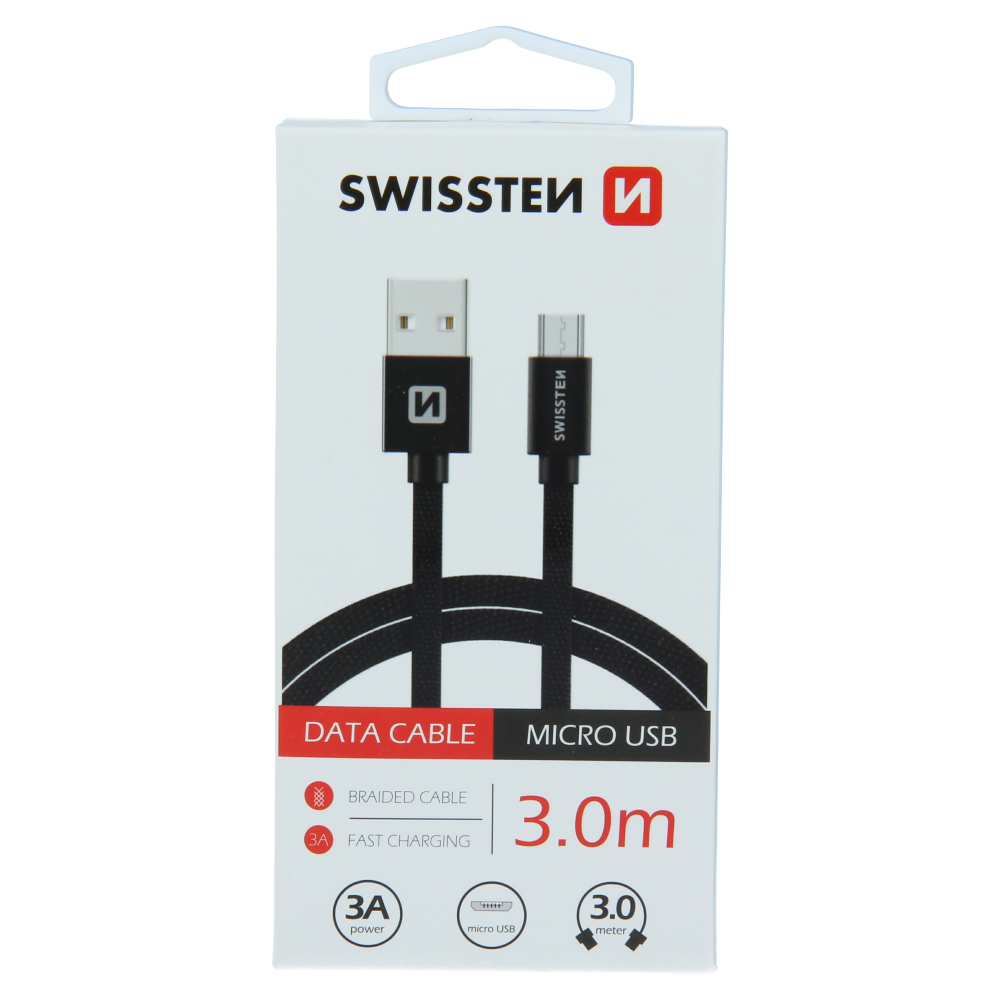 Datový kabel swissten textile usb / micro usb 3,0 m černý