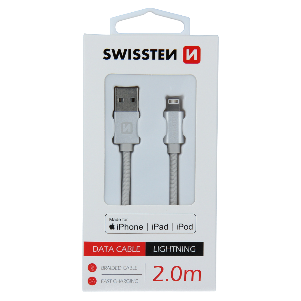 Datový kabel swissten textile usb / lightning mfi 2,0 m stříbrný