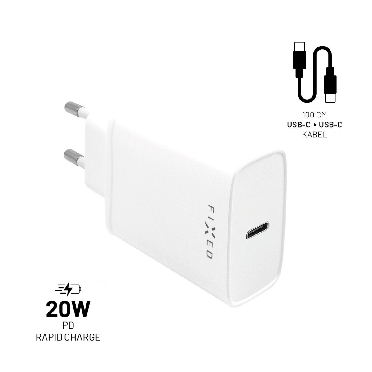 Set síťové nabíječky FIXED s USB-C výstupem a USB-C/USB-C kabelu, podpora PD, 1 metr, 20W, bílý
