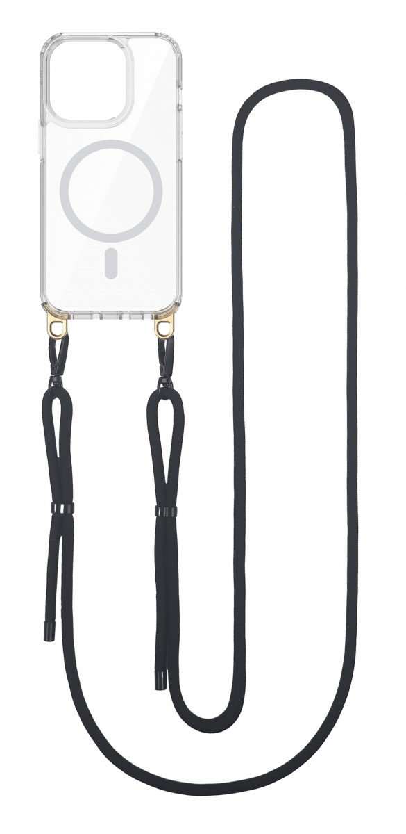 Zadní pevný kryt TopQ Strap Mag na mobil iPhone 15 Pro Max s černou šňůrkou průhledný