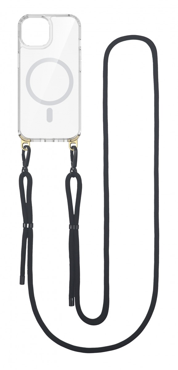 Zadní pevný kryt TopQ Strap Mag na mobil iPhone 14 s černou šňůrkou průhledný