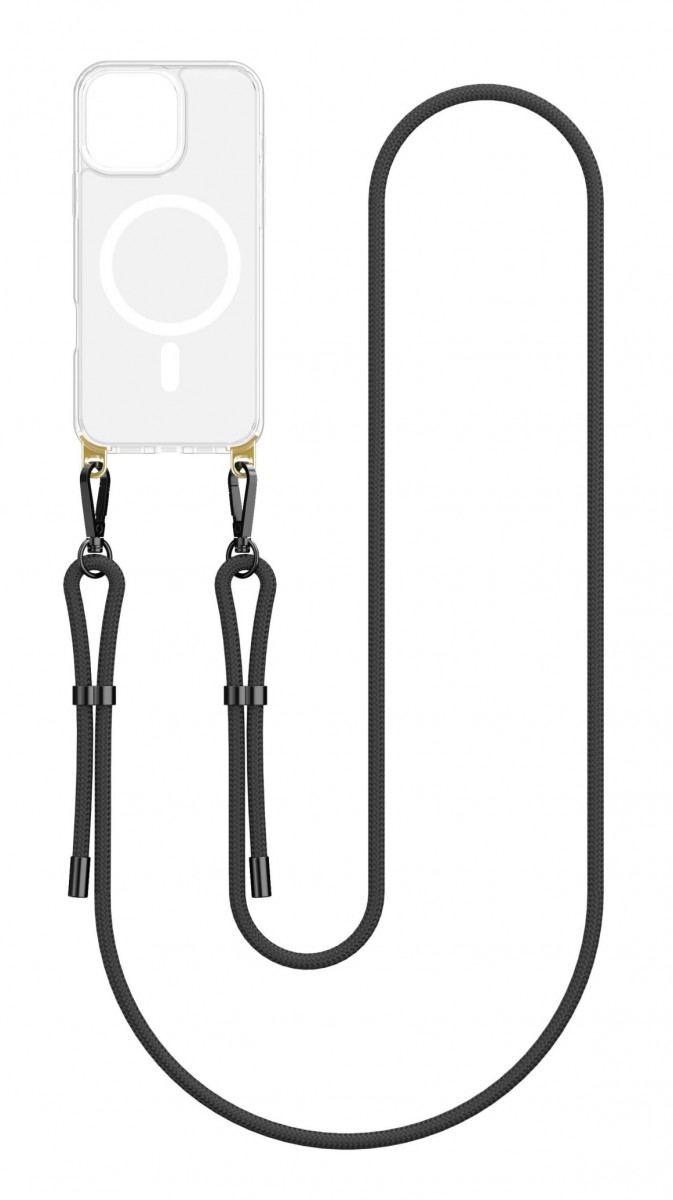 Zadní pevný kryt TopQ Strap Mag na mobil iPhone 16 Pro Max s černou šňůrkou průhledný