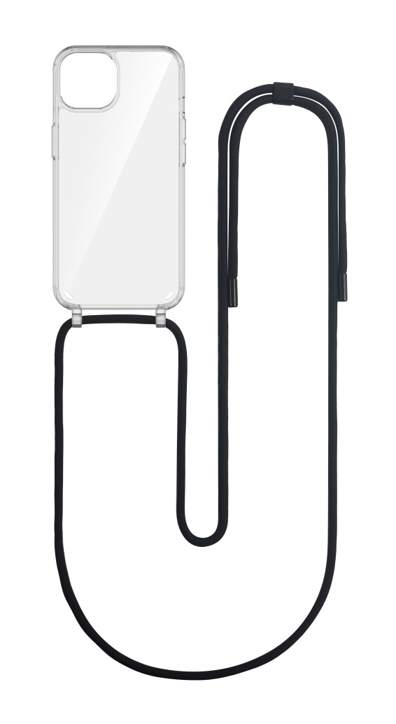 Zadní kryt TopQ Simple na mobil iPhone 15 Plus s černou šňůrkou průhledný