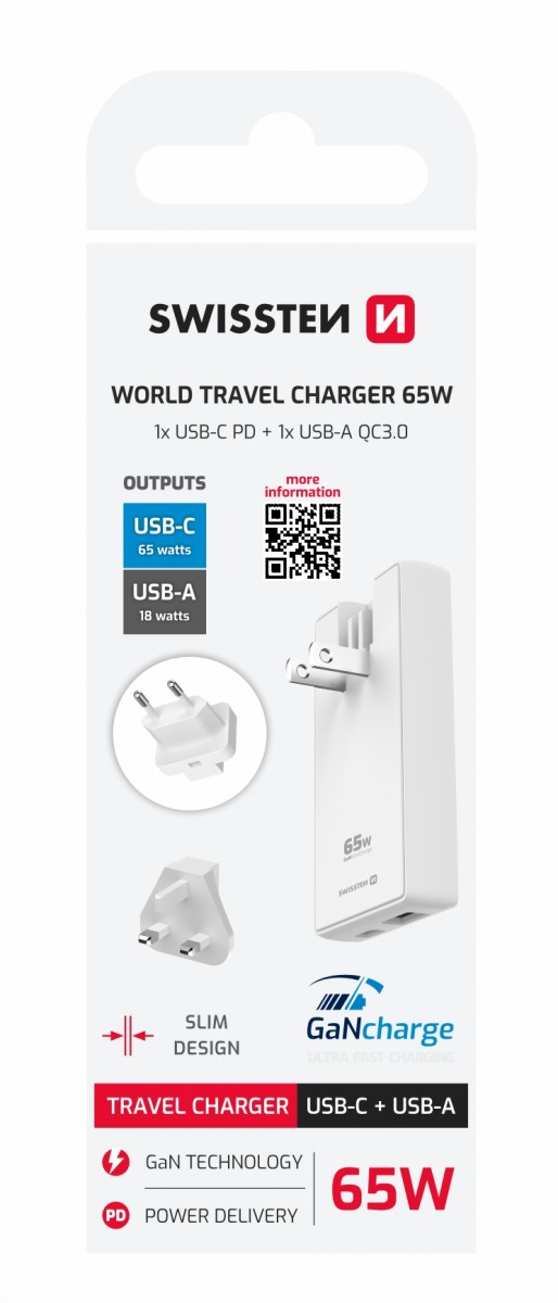 Adaptér Swissten GAN USB-C + USB-A 65W výměnné vidlice (us, eu, uk) bílý ROZBALENO