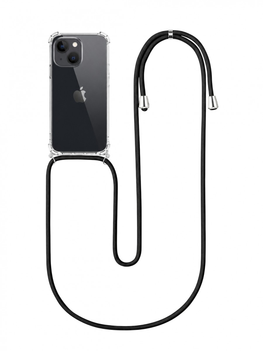 Zadní silikonový kryt TopQ na mobil iPhone 13 mini s černou šňůrkou průhledný