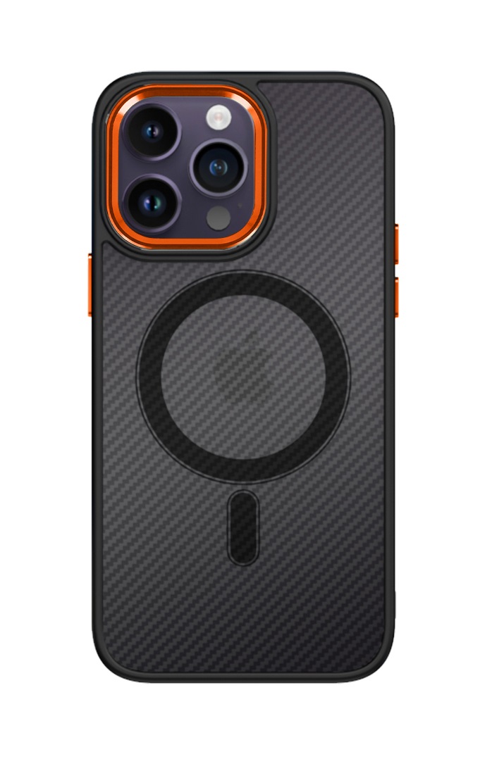 Zadní pevný kryt Tel Protect Magnetic Carbon na mobil iPhone 12 Pro tmavý s oranžovým rámečkem