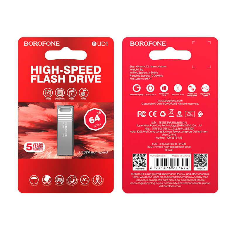 Flash disk značky Borofone BUD1 64GB stříbrný