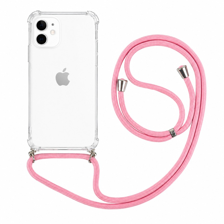 Zadní silikonový kryt na mobil iPhone 11 s růžovou šňůrkou průhledný