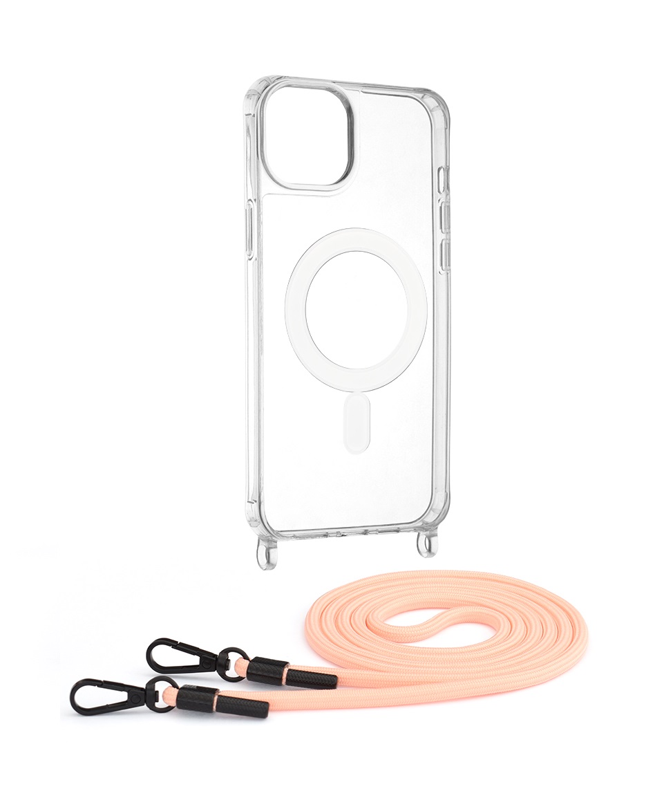 Zadní kryt Techsuit Mag na mobil iPhone 15 Plus s růžovou šňůrkou průhledný
